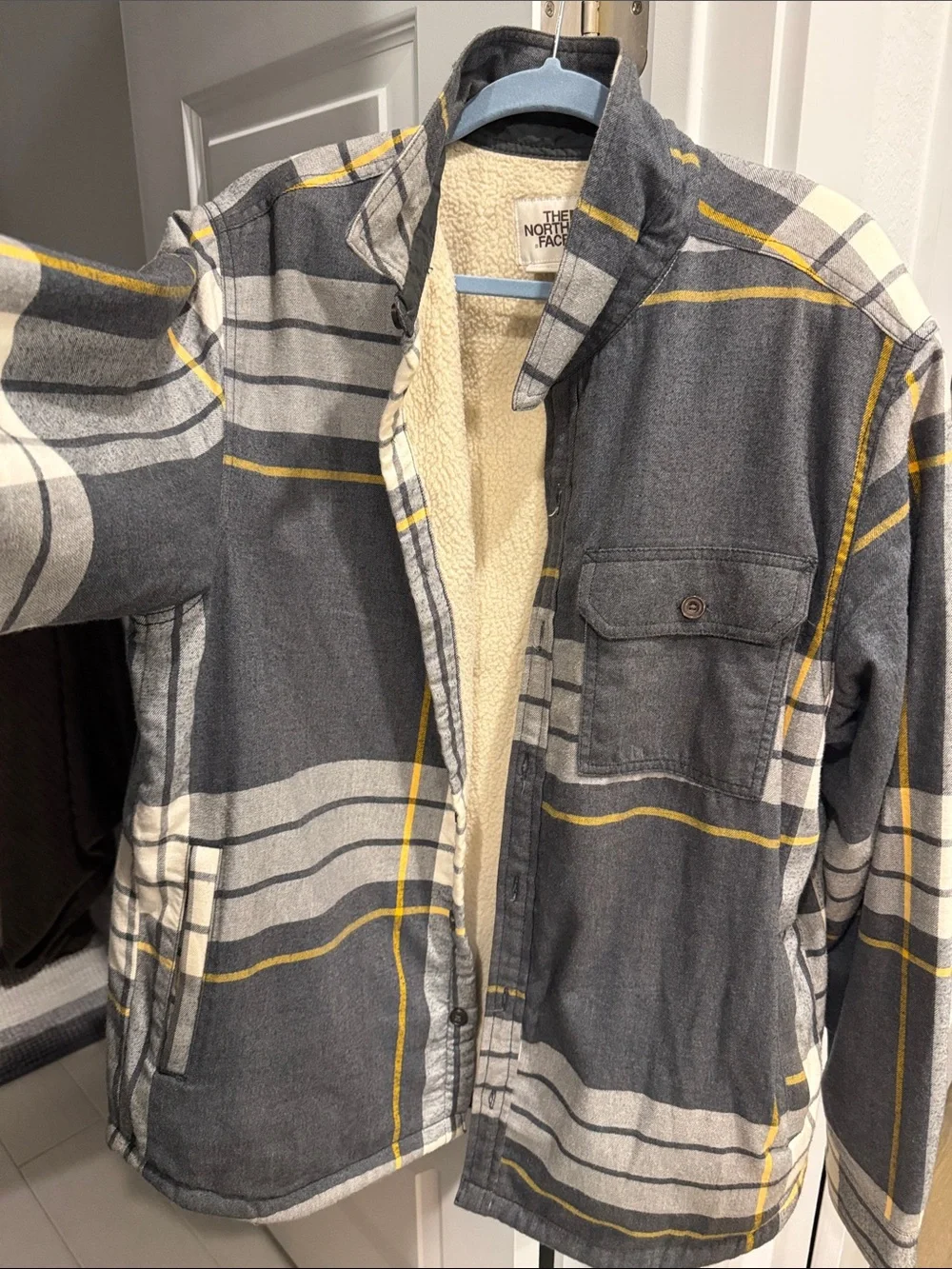 The North Face Men's Gray Plaid Sherpa Shirt Jacket with Yellow Accents